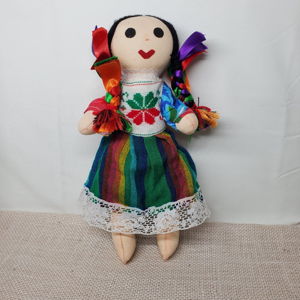 Mexican Folklorico Rag Doll Festive Village Stuffed Ribbon Braided Black Hair